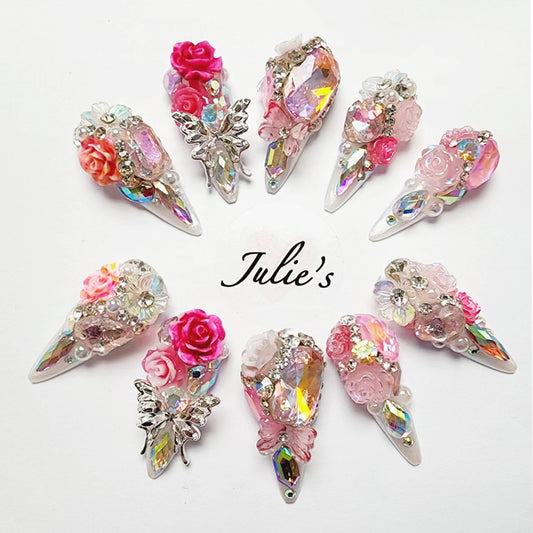 Custom Design Diamond Butterfly Rose Luxury Nails