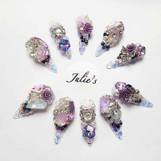 Custom Design Diamond Butterfly Flower Luxury Purple Sequin Nails