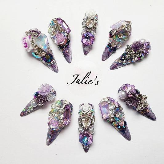 Custom Design Purple Flower Diamond Luxury Nails