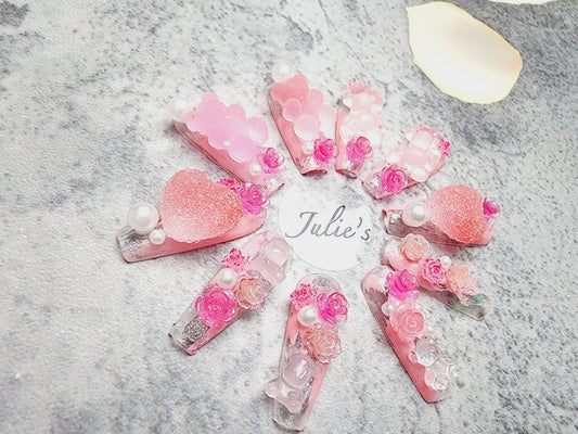 Custom design Heart shaped gummy bear rose pink nail