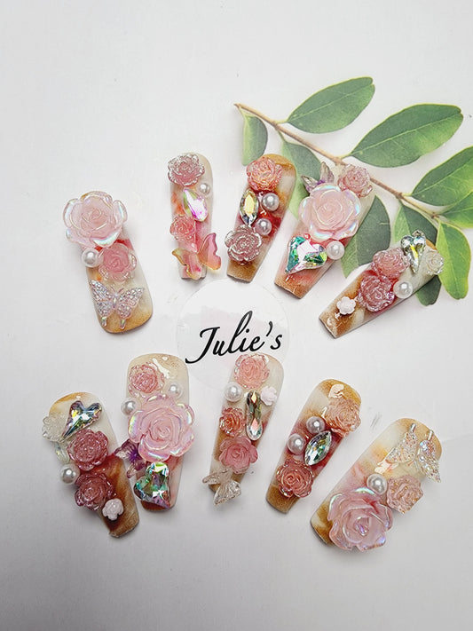 Custom design Rose butterfly colorful halo dye nail