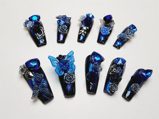Custom Design Blue Butterfly Diamond Skeleton Galaxy Nail