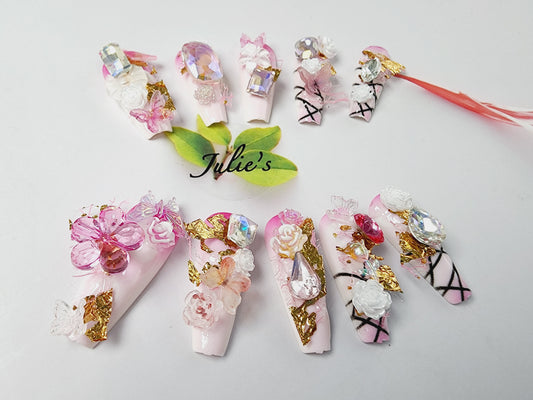 Custom design Pink Flower Butterfly Gold Foil Tender Nail