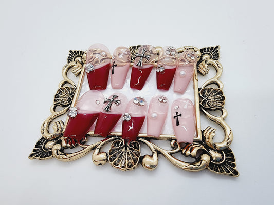 Custom design Pink Red Diamond Cross Nail