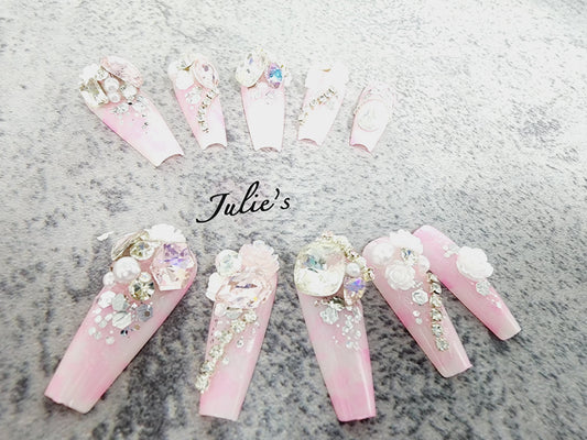 Custom design Diamond pearl sequin pink nail