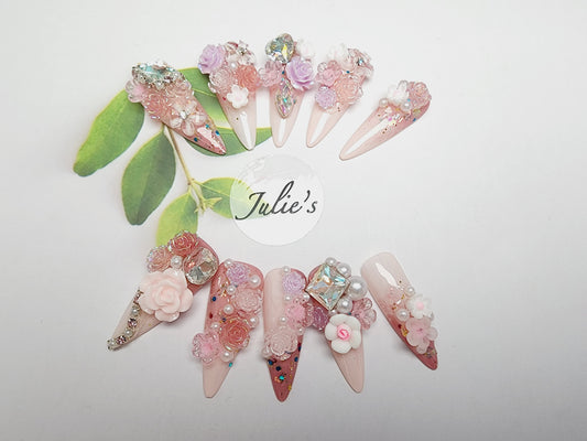Custom design Flower Diamond Pearl Pink Sequin Nail